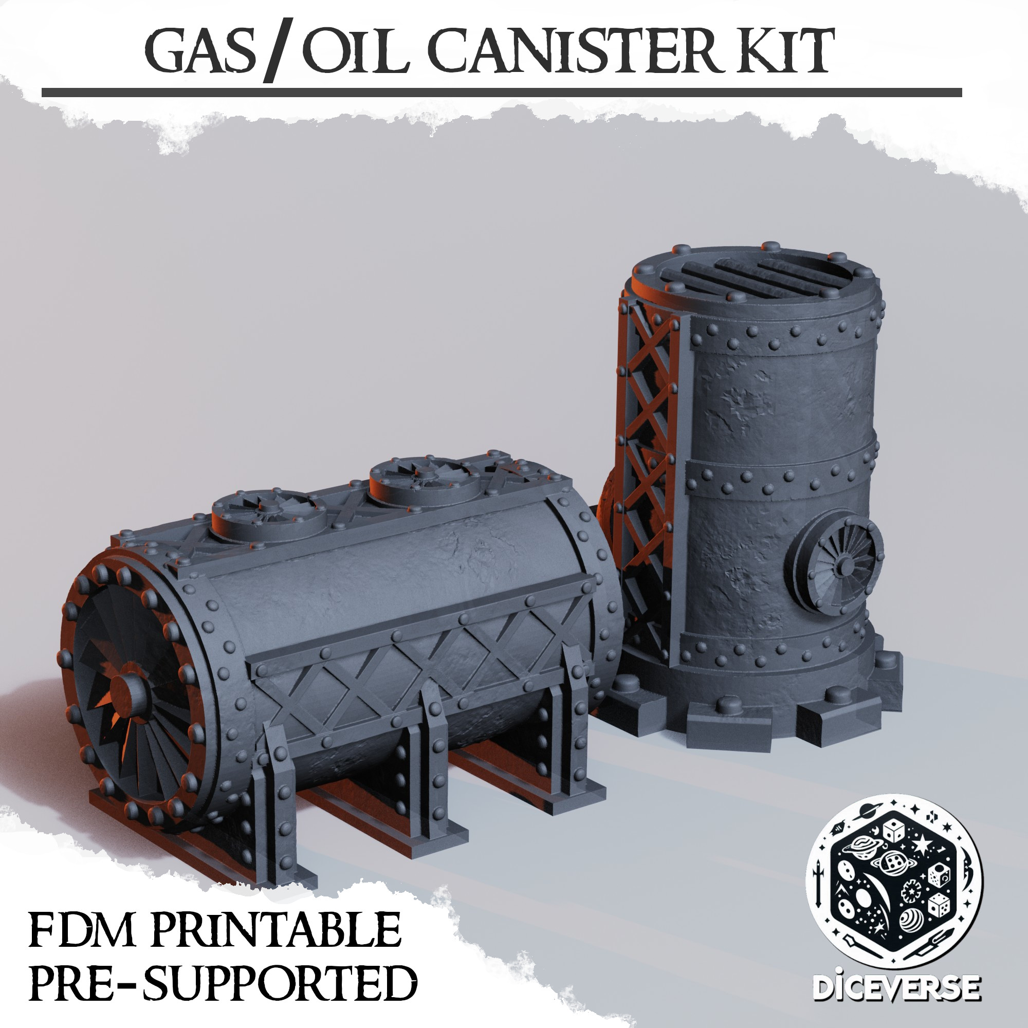 Gas / Oil Canister Kit by Diceverse - Trench Crusade, aluminum can terrain, aluminum terrain, gas container, oil container, pipelines, soda can 3d print, soda can containers, soda can terrain, trench crusade containers, trench crusade naval yard, trench crusade soda can terrain, trench crusade terrain, trench soda can terrain, trench train yard, wargaming - Image 2