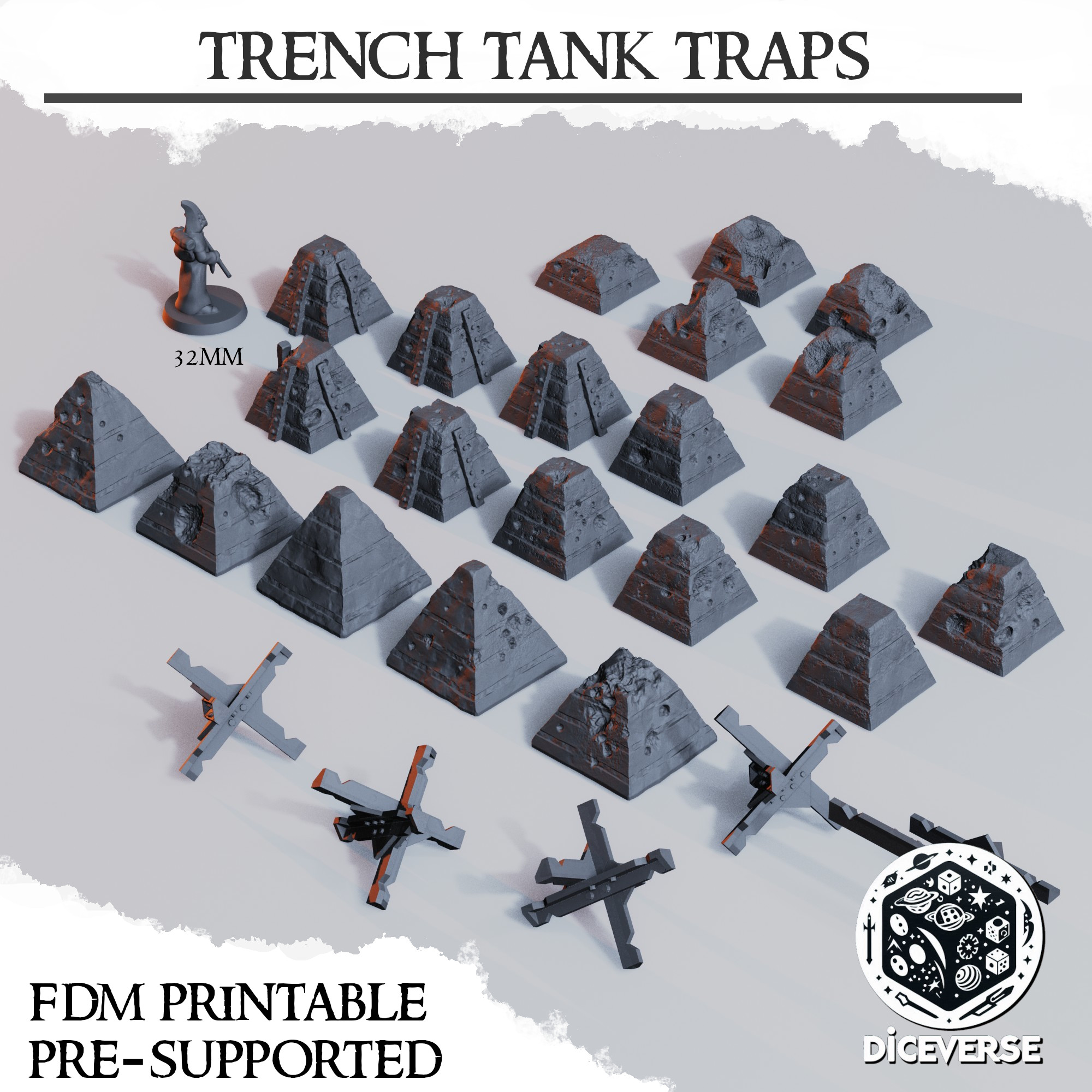 Trench Terrain: Tank Traps by Diceverse - Trench Crusade, anti-tank obstacle, battlepilgrims, holycrusade, tank barricade, tank barrier, tank obstacle, tank trap, tank traps, trench, trench crusade terrain, trench tank trap, trench terrain, trench war, trench warfare, wargaming - Image 2