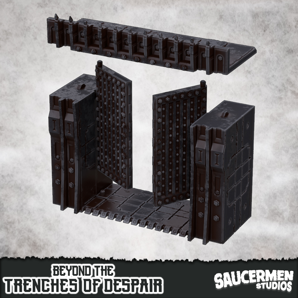 Beyond the Trenches of Despair: Great Wall - Gates by saucermenstudios - Crusade, fortification, gates, gothic, grimdark, hinged, modular, saucermenstudios, scenery, scifi, supportfreeprinting, terrain, trench, trenches, trenchwarfare, wall, warfare - Image 2