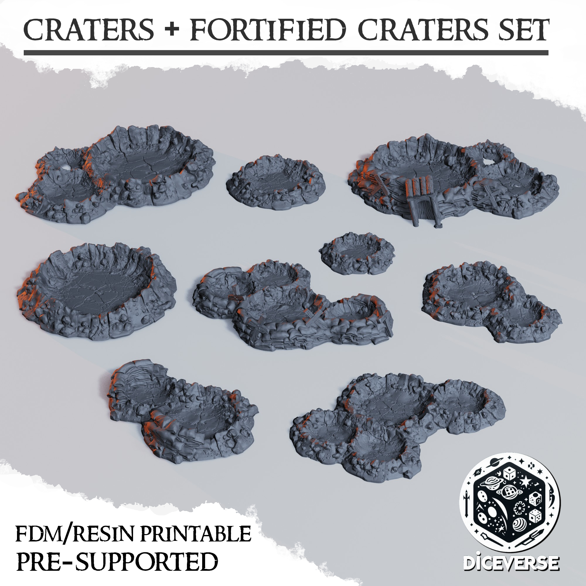 Craters and Fortified Craters Set by Diceverse - battlefieldscatterterrain, battlefieldterrain, craters, scatterterrain, trenchcrusade, trenchcrusadeterrain, trenchscatter, trenchterrain, wargaming, ww1